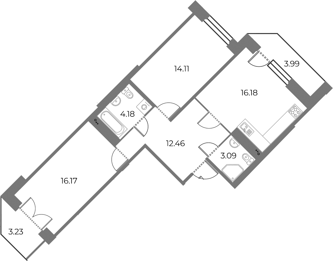 2-комнатная квартира 69.16 м², 5/13 эт., ЖК «Огни Залива»